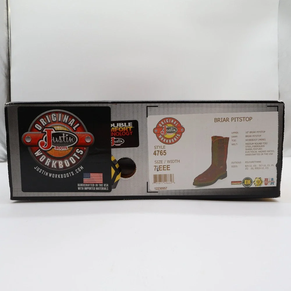 Justin 4765 Work Boots Mens 7.5 EEE Briar Pitstop Leather Pull On NWT USA Made